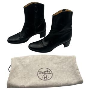 Hermes Vintage Side Zip Block Heel Leather Ankle Boots Black Size 36 / 6